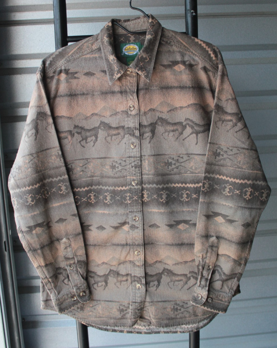 Cabelas South Western Aztec Horse Tribal AOP Womens Button Up Shirt L
