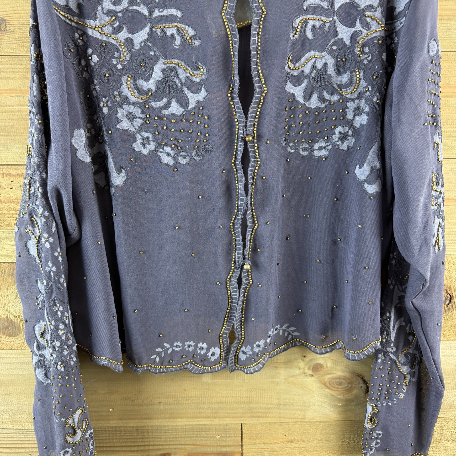 Soft Surroundings Womens Shirt Button Up Embellished Beaded Sheer Elegant Large