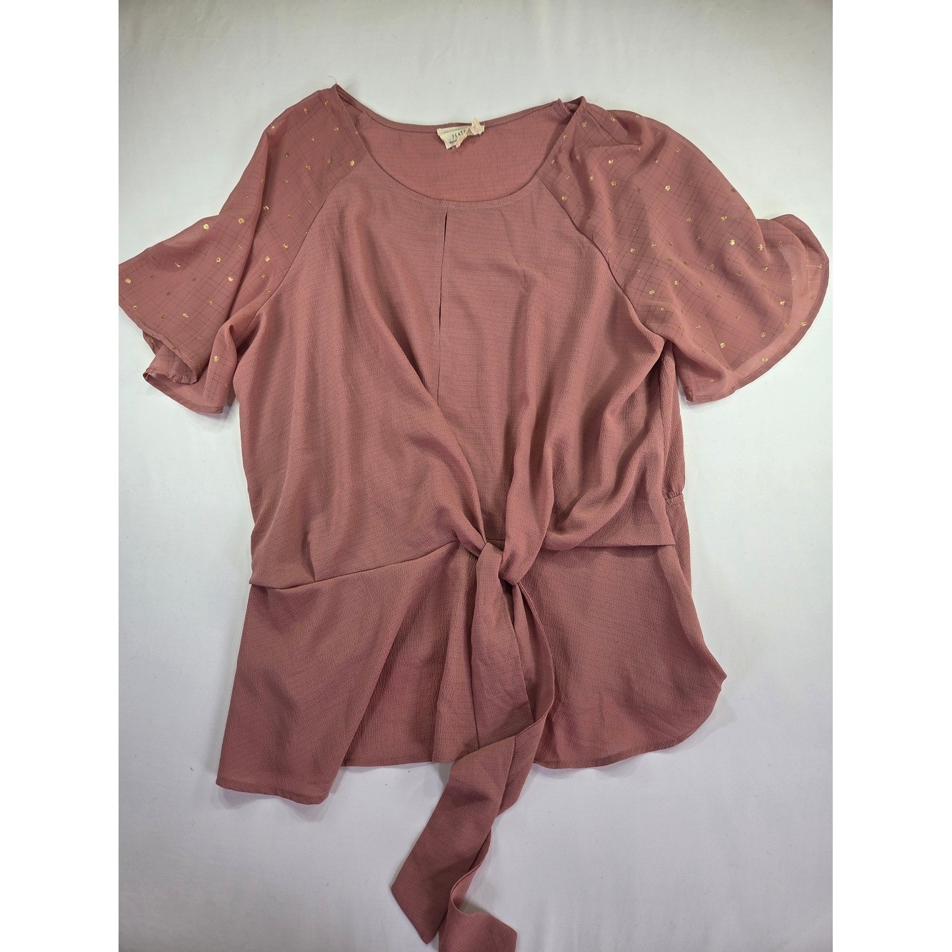 Flower and Feather Tie-Front Dusty Rose Blouse with Gold Dot Sleeves 2XL
