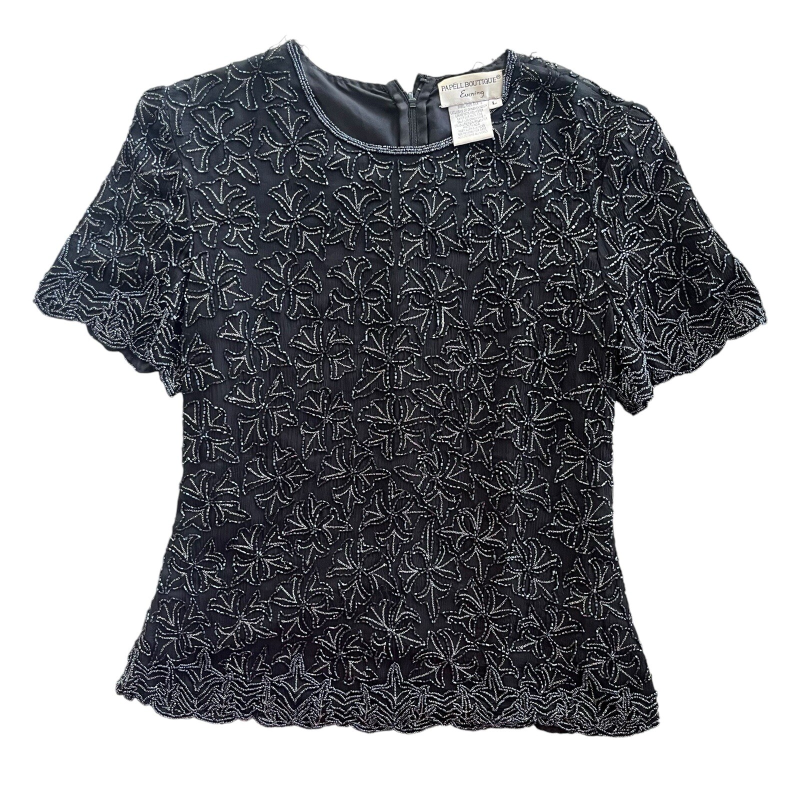Papell Boutique Evening Women Large Black 100% Silk Beaded Floral Pattern Blouse