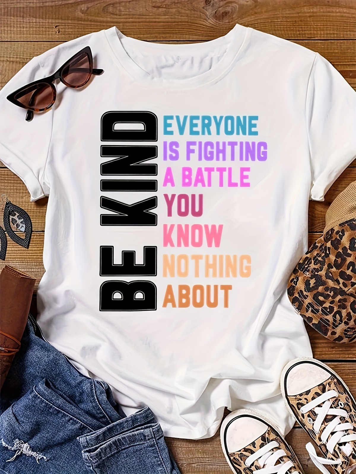 Women’s Be Kind Colorful Letter Graphic T-Shirt Casual Crew Neck Short Sleeve