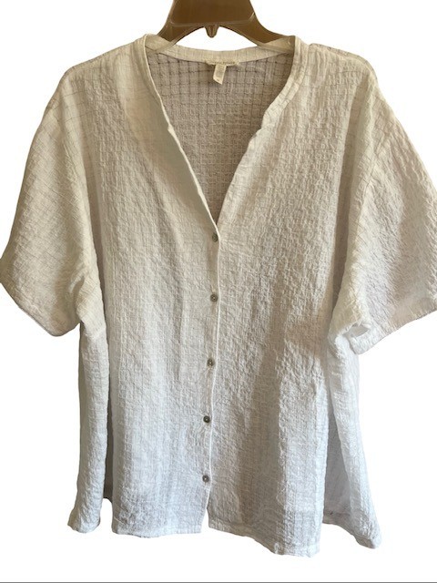 Eileen Fisher Woman 3X Top Cream Organic Cotton Boxy Band Collar Shirt Blouse