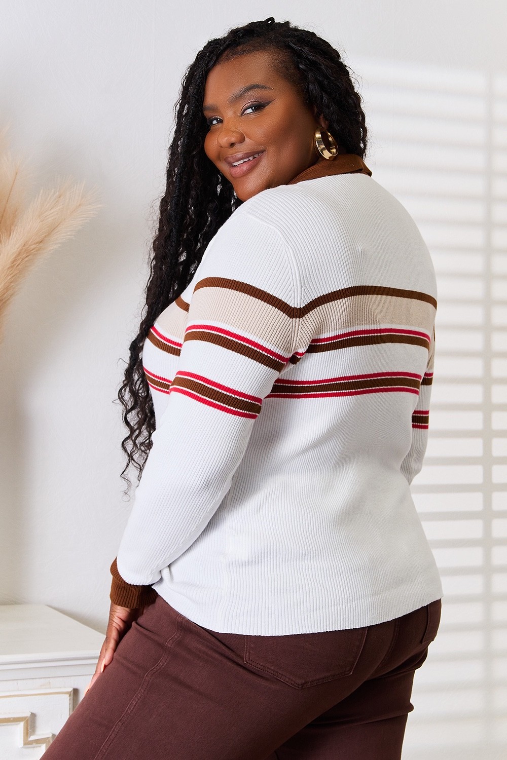 Basic Bae Womens Striped Rib Knit Collared Top Long Sleeve Casual Shirt
