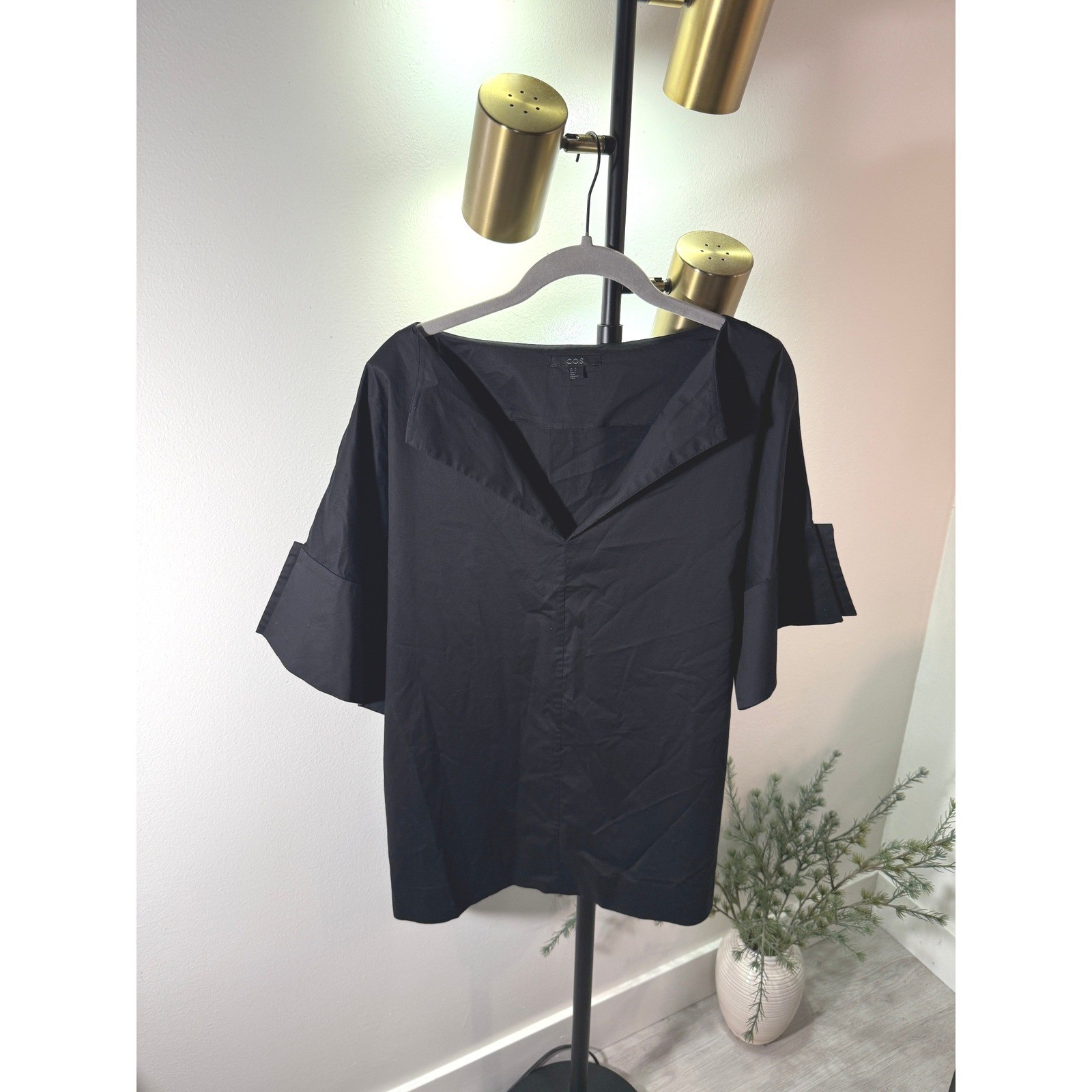 COS Womens Structural Black Cotton Wide Cuff Short Sleeve Work Top Large