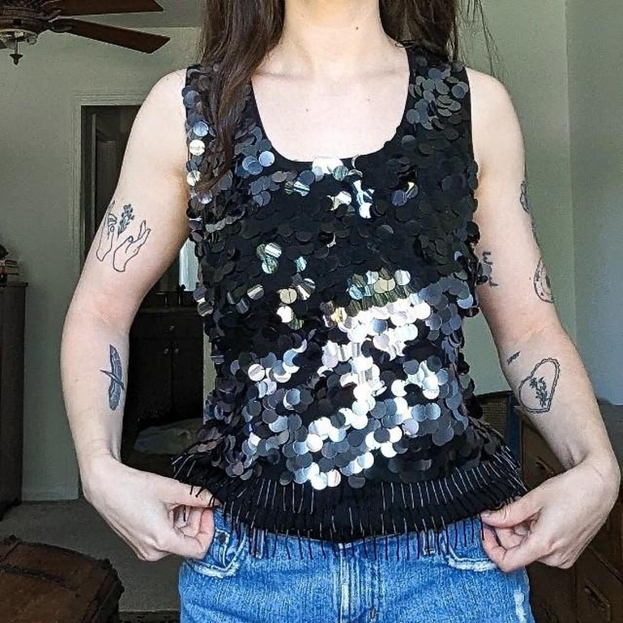 Vintage Joseph A Black Silk Blend Sequin Beaded Fringe Tank Top Medium