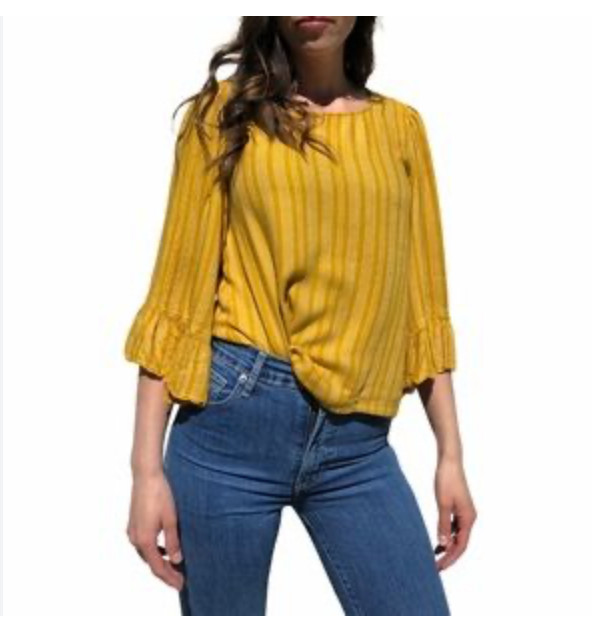 Drew Blouse Womens Large Mustard Yellow Bell Sleeves 3/4 Crew Neck Made In USA