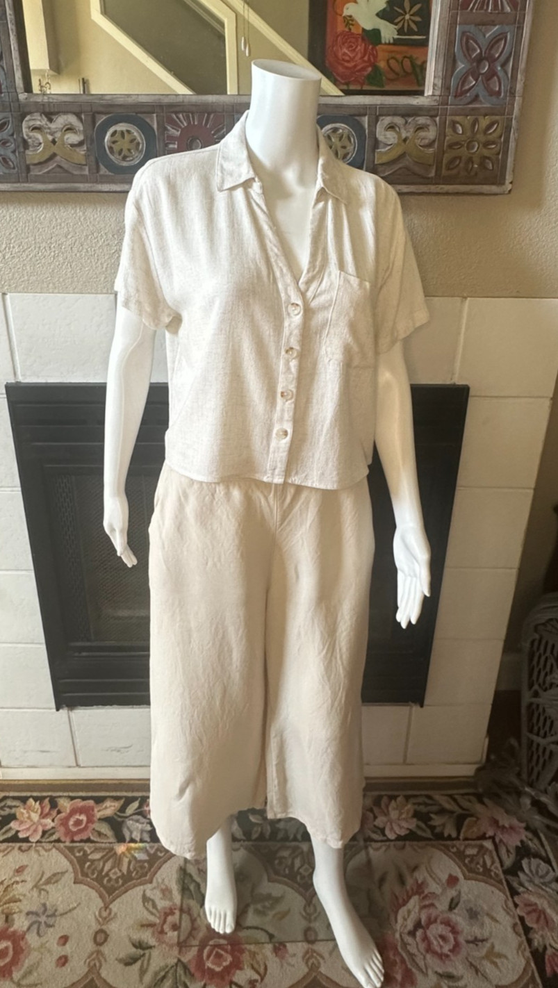 linen blend Love Notes Button-Down collared Blouse top Womens Large