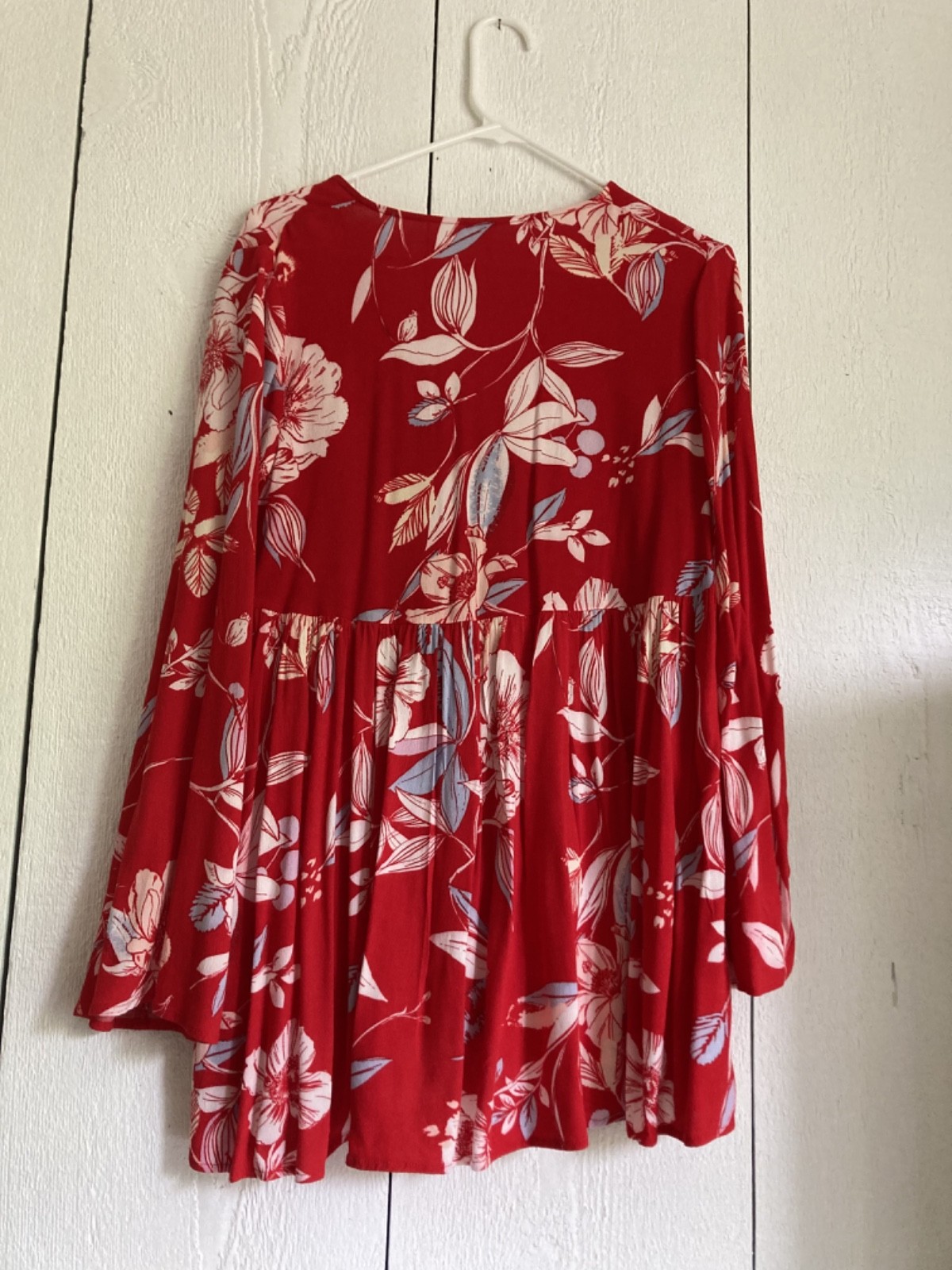 Free People BELLA Floral Print Bell Sleeve Tunic Mini Dress Top in Red Sz XS