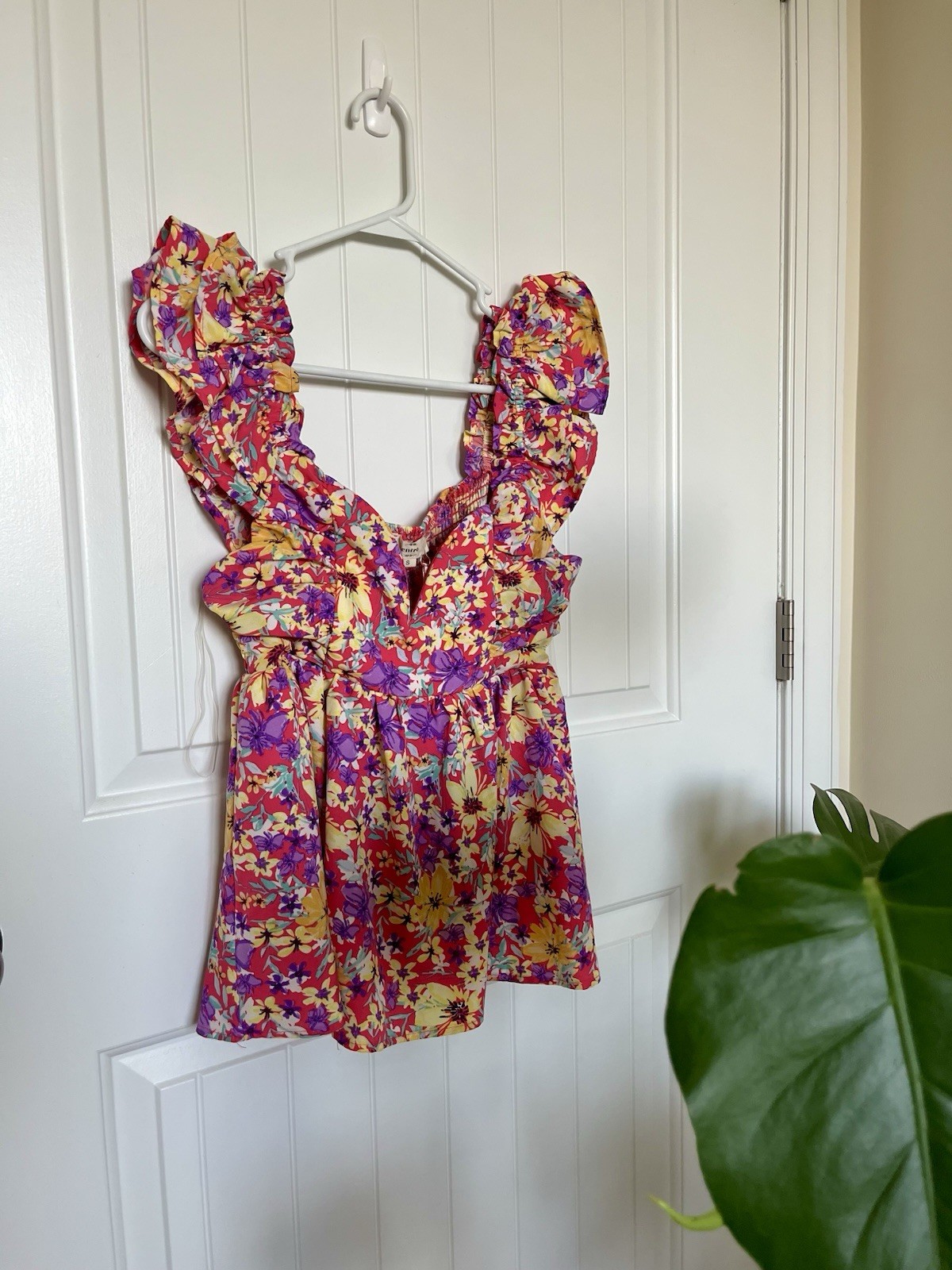 Entro Floral Smocked Ruffle Strap Peplum Top Womens S Pink Yellow Coquette
