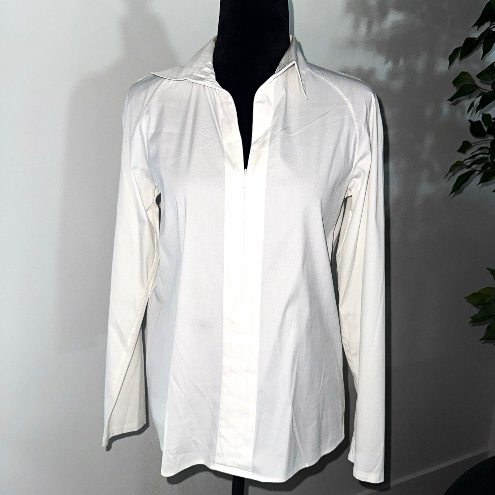 Theory Women’s White Cotton Blend Collared Half-Zip Stretch Blouse Long Sleeve M
