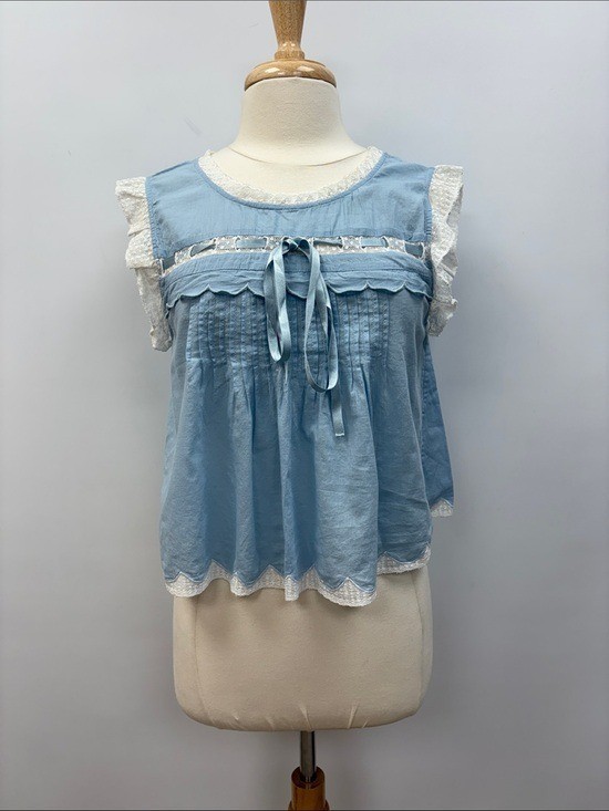 LoveShackFancy Cottage Ruffle Lace Pleated Prairie Woven Shirt Blue Medium
