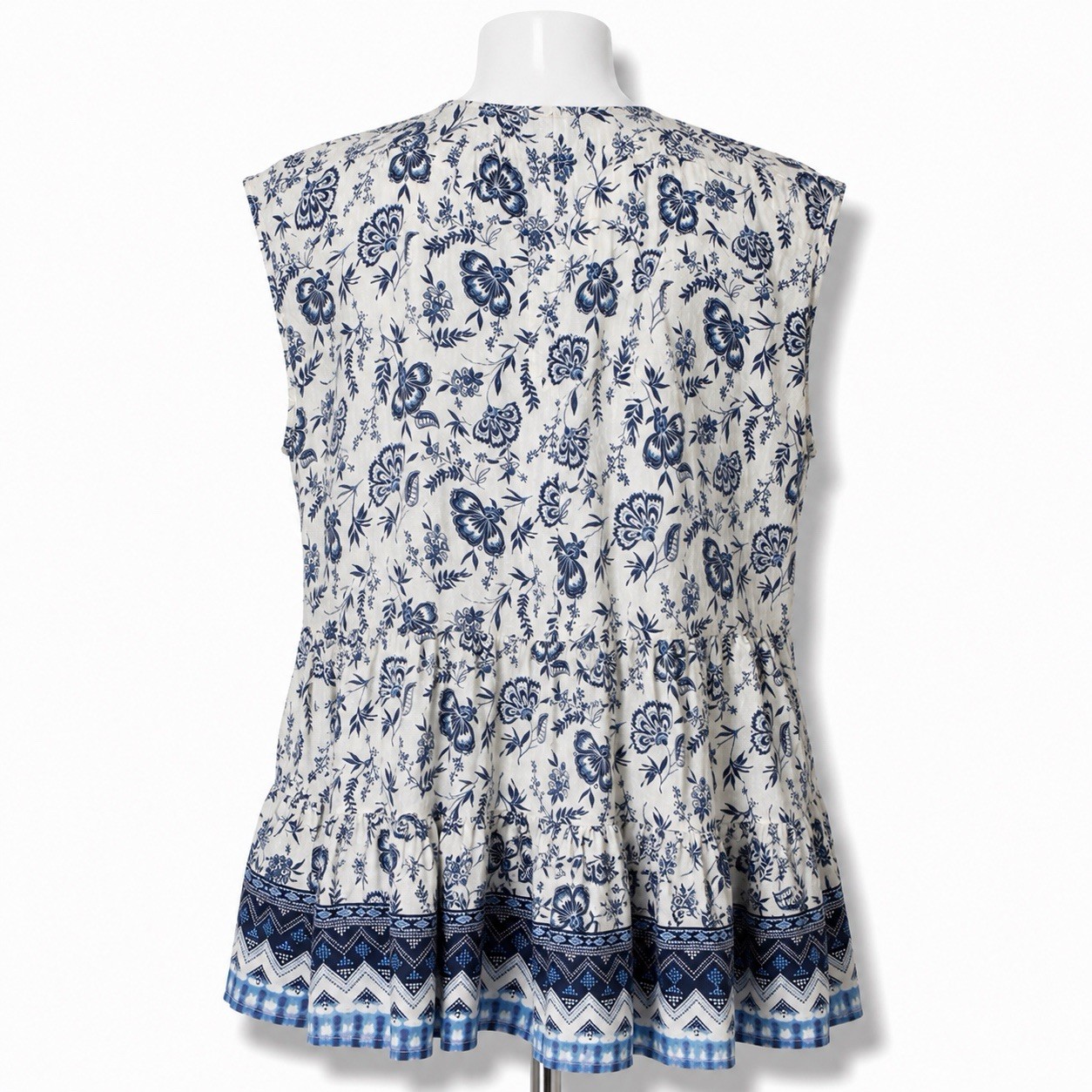 BeachLunchLounge Top Women’s Large Boho Paisley Floral Blue white Peplum Ruffle