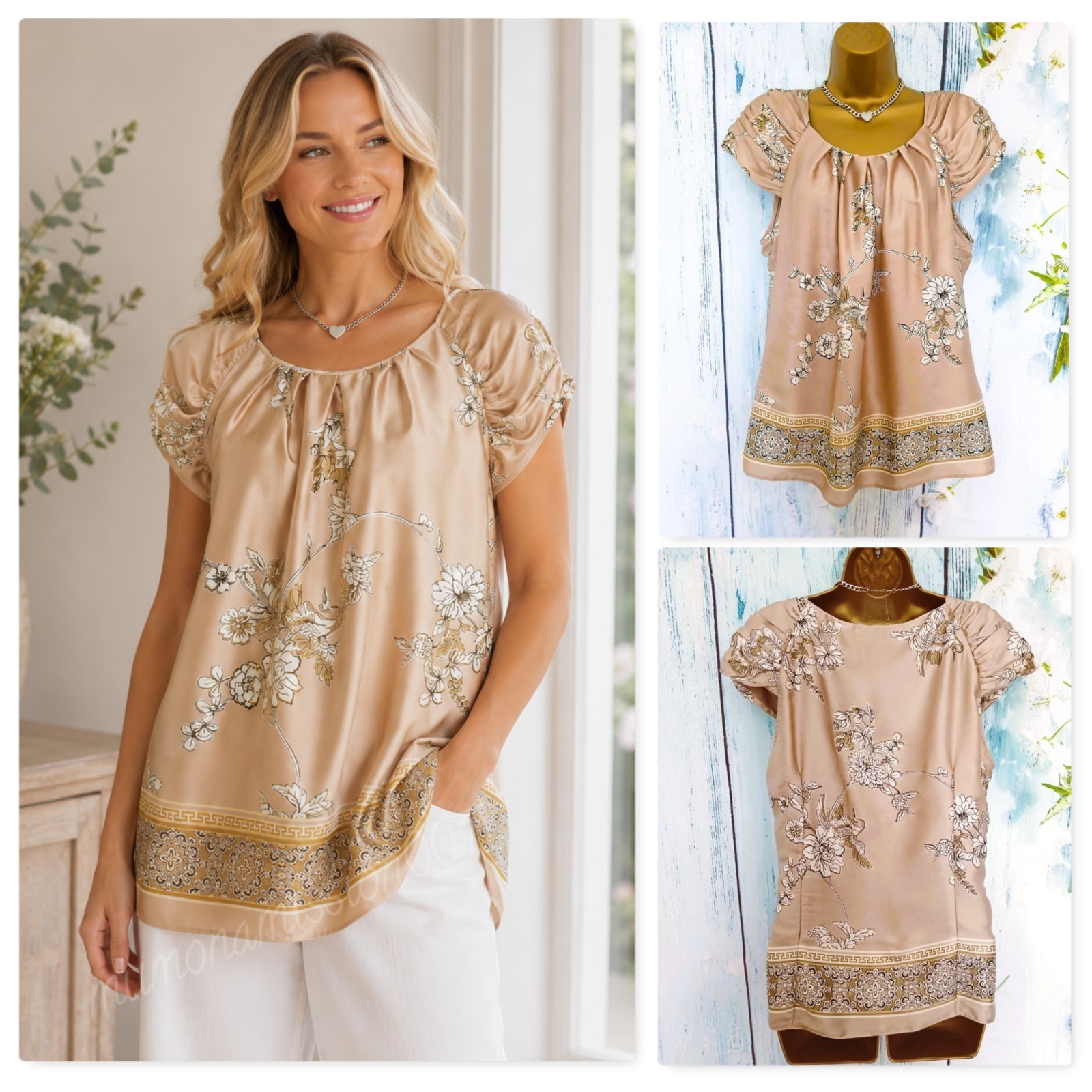 Wallis Sateen Gold Occasion Top Size L 14/16 Floral Short Sleeves Cruise Wedding