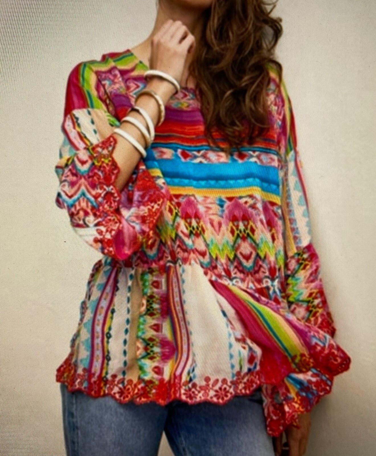 Johnny Was Porcelain Gorgeous Color Crochet Edge Flare Sleeve Blouse Dry Clean S