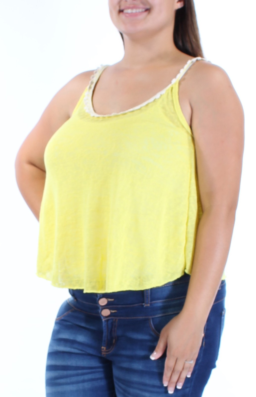 HEARTS AND HIPS Womens Yellow Lace Spaghetti Strap Scoop Neck Top Size: L