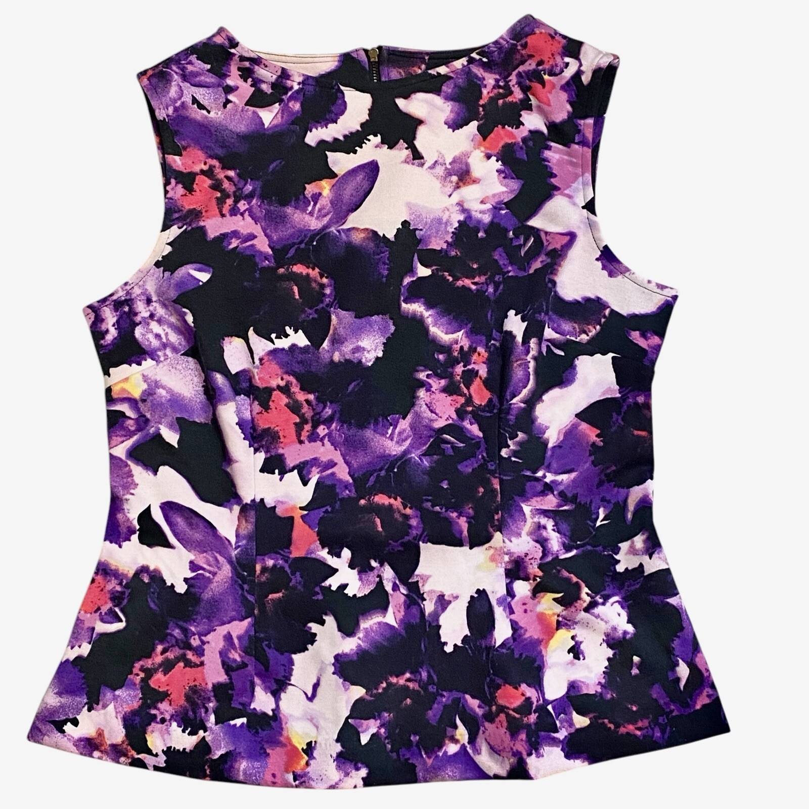 Hal Rubenstein Orchid Print Sleeveless Peplum Blouse Back Zipper Women’s Size M