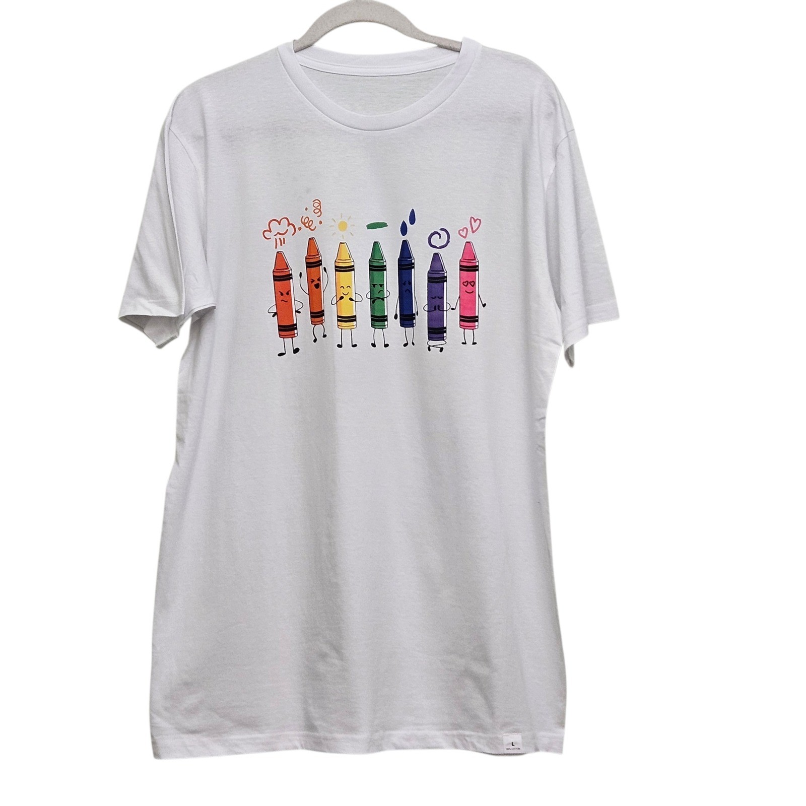 Crayon Graphic Tee Unisex Large White Art Teacher School Supplies Shirt Rainbow