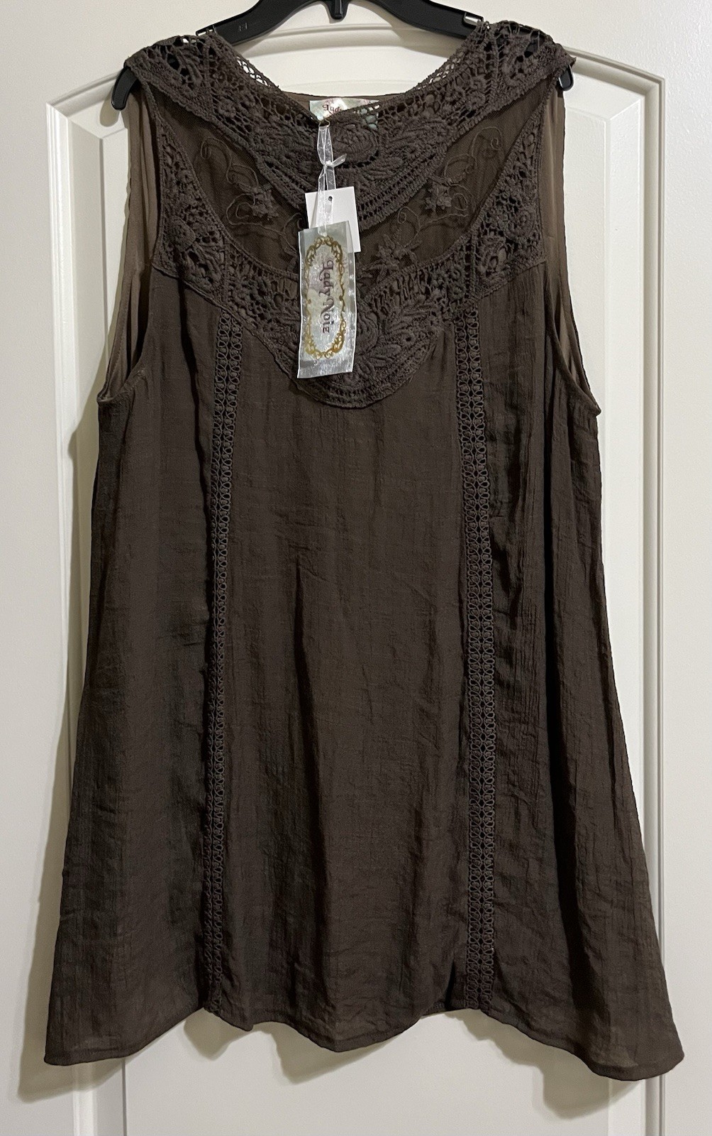 NWT LADY NOIZ Brown TUNIC OR SHORT DRESS Crochet Upper Sleeveless Large