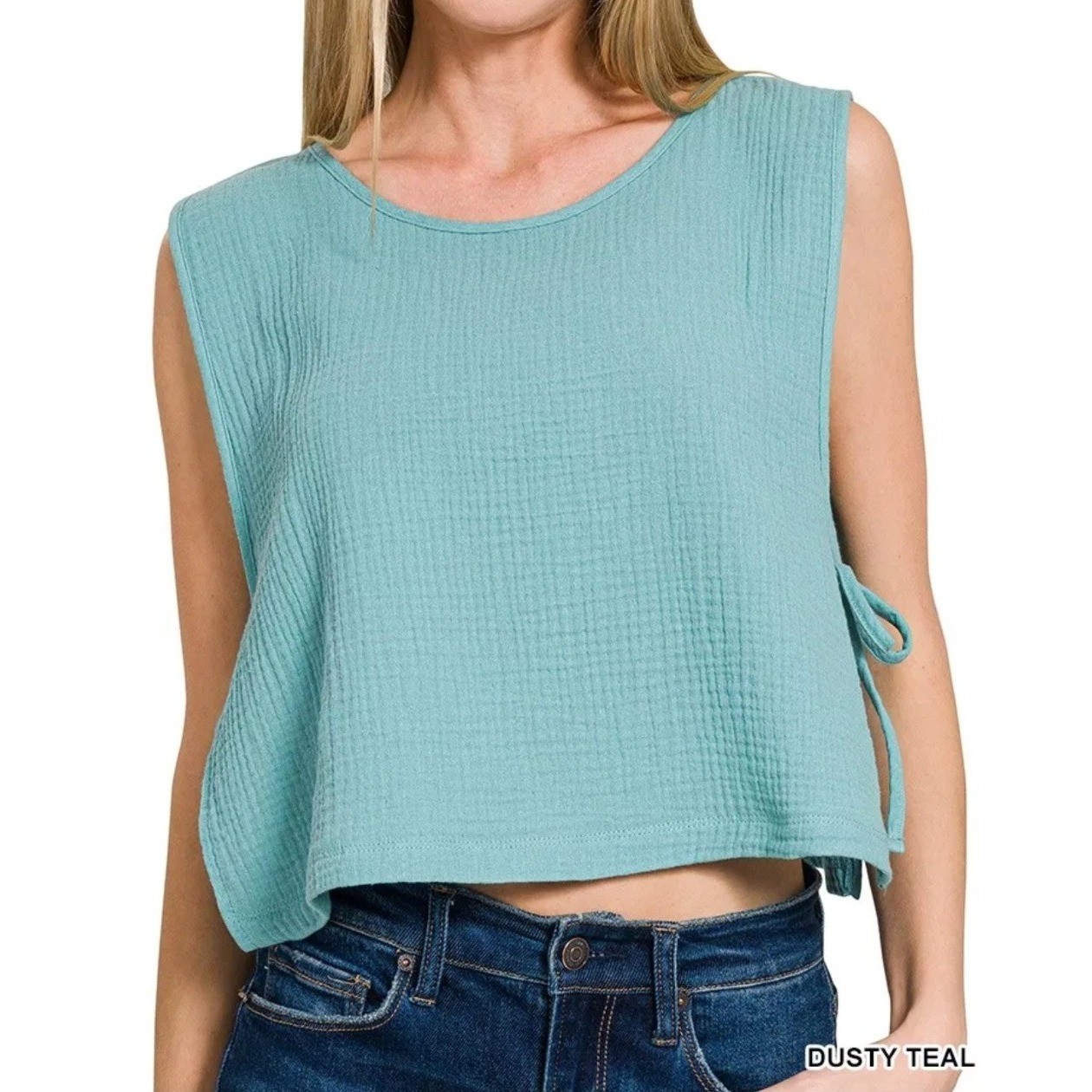 Zenana Double Gauze Side Tie Sleeveless Top Dusty Teal Boxy Cropped Tank Large