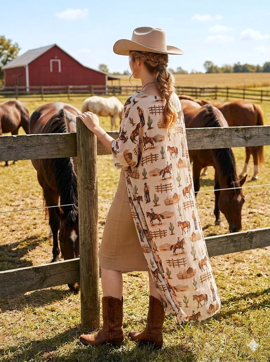 Lightweight, Open-Front Western Style Kimono Duster – All-Over Ranch Print