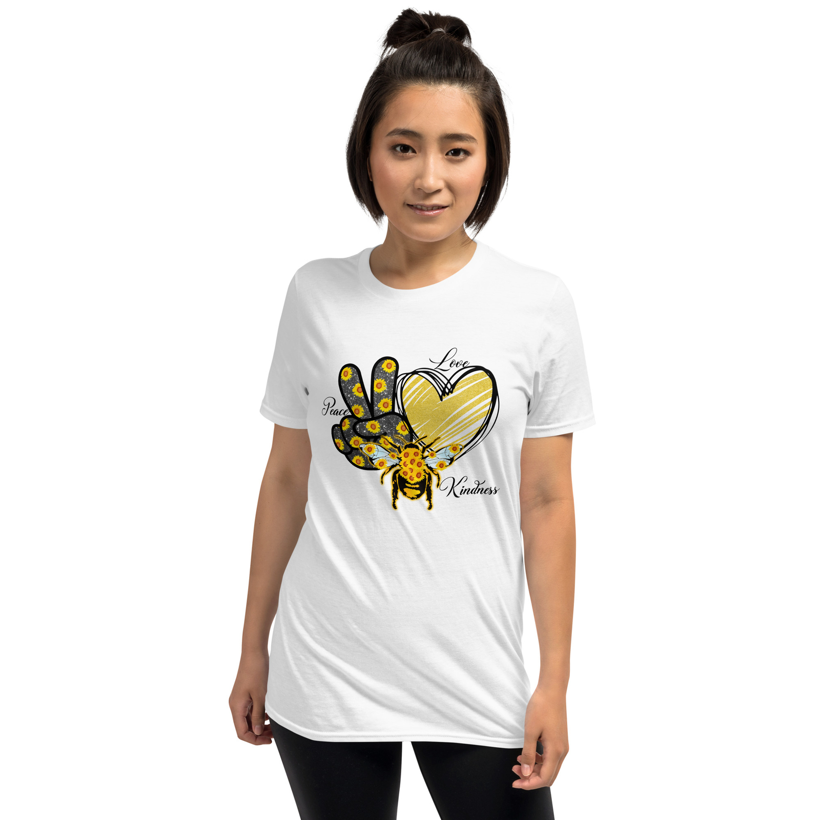 Sunflower Unisex T-Shirt, Peace Love Kindness Flower Heart Nature Garden Bee