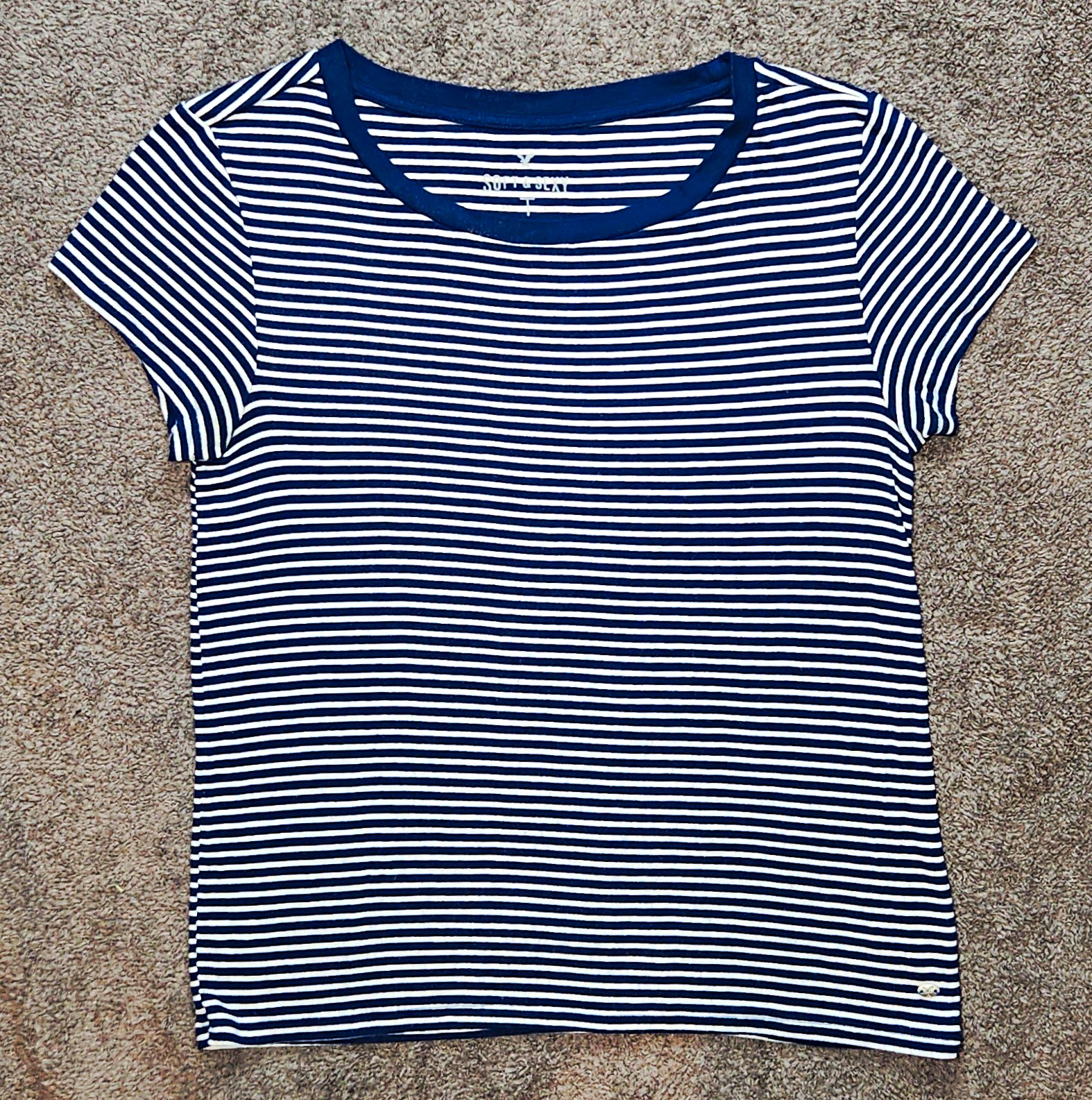 Navy Blue & White Stripe American Eagle Outfitters Baby Tee S Short Sleeve Prep