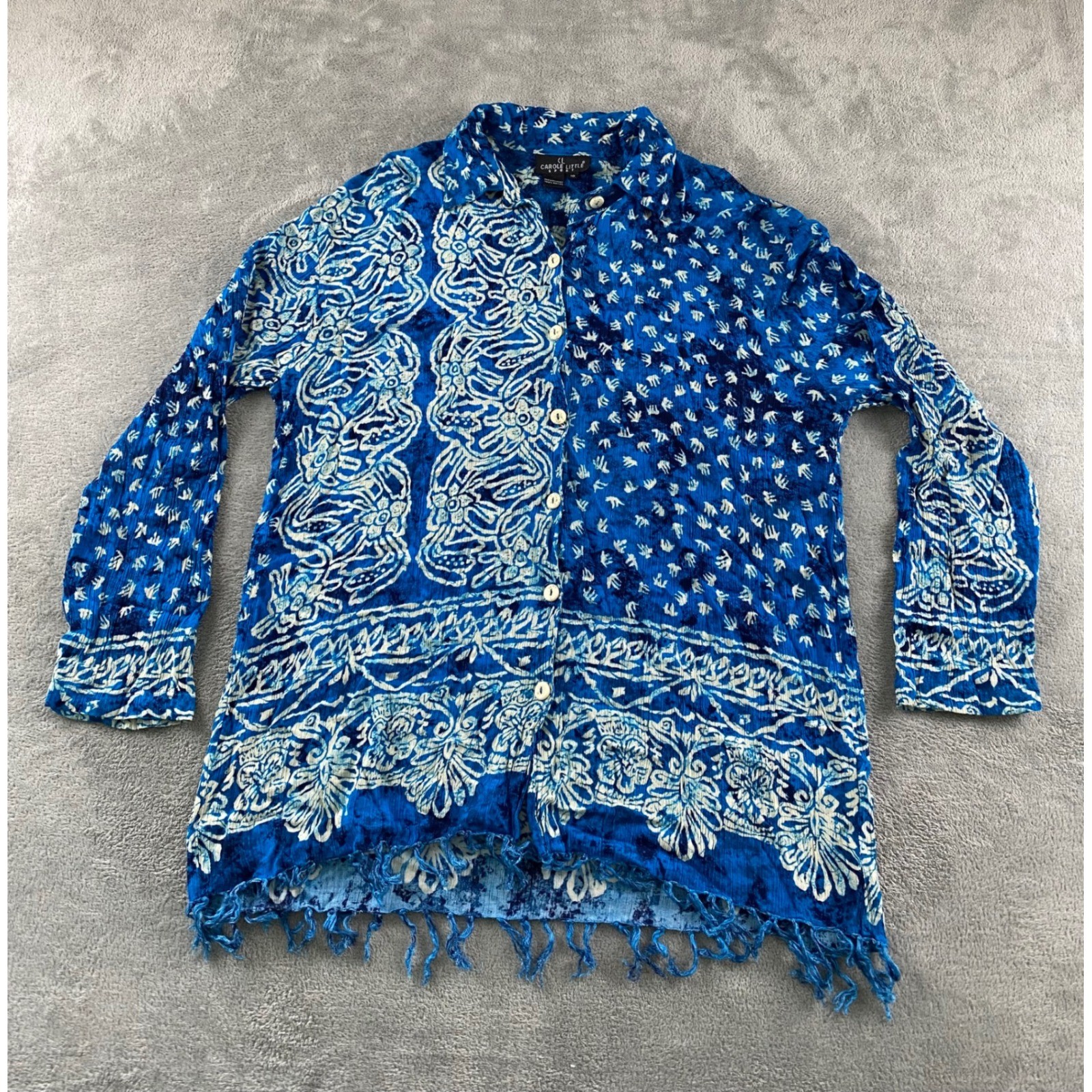Carole Little Sport Womens Blue Batik Print Fringed Rayon Button Up Shirt Sz