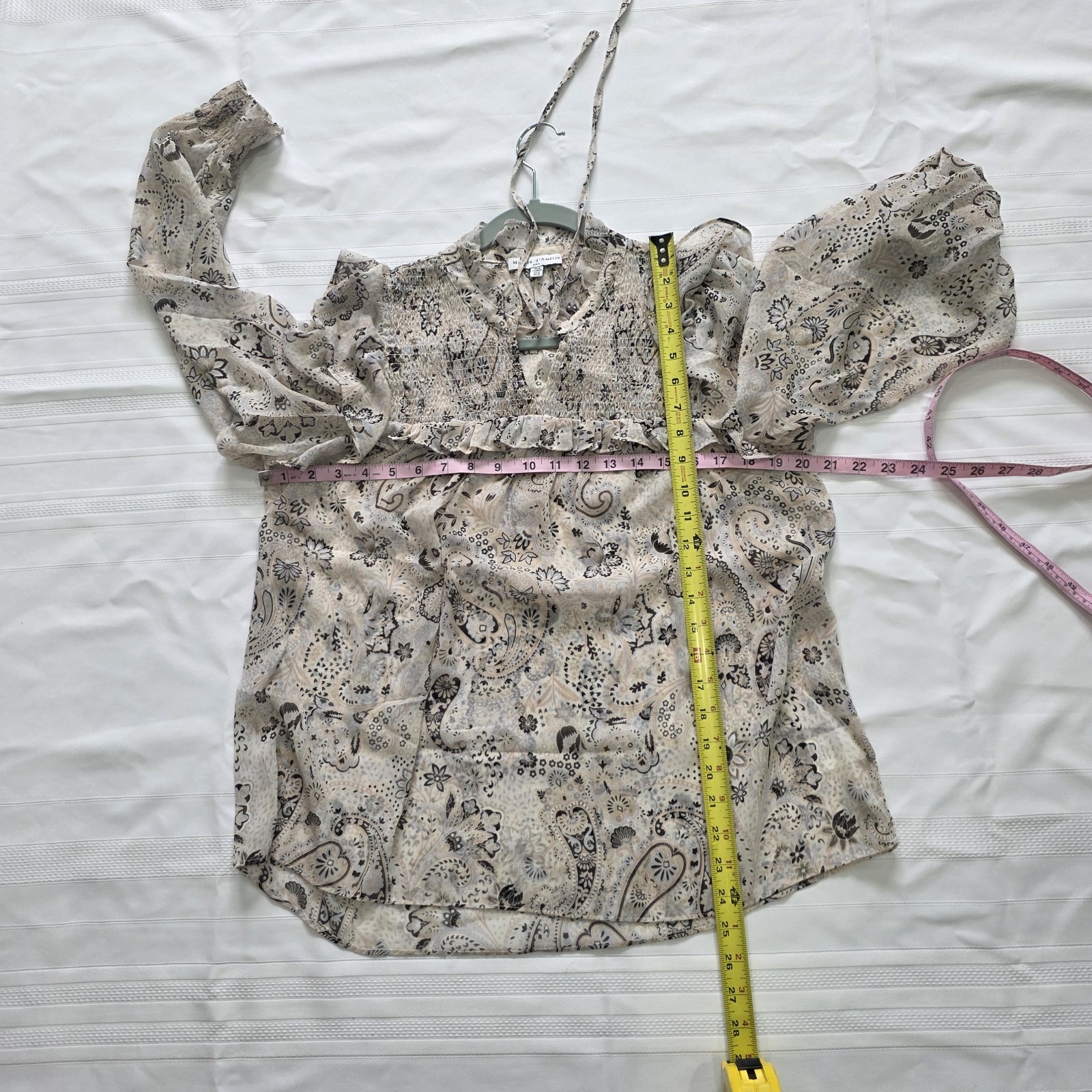 Maison d’Amelie Paris Blouse Top Ruffled Nude Paisley Floral Tie V Neck Size M