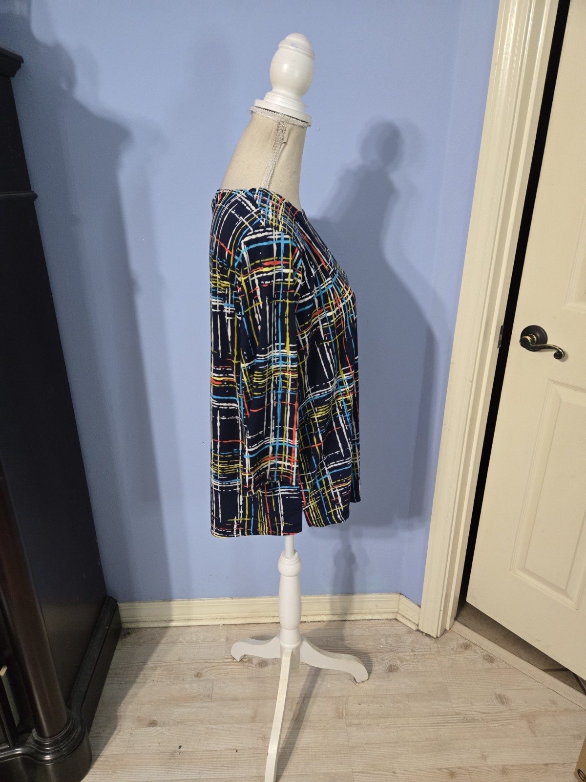 Peck & Peck XL Navy Multicolor Abstract Plaid 3/4 Sleeve Stretch Tunic Top