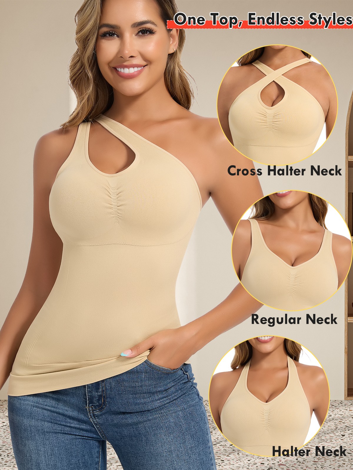 Women Built in Bra Cami Vest Tank Top Shaper Tummy Control Slim Multi-way Straps