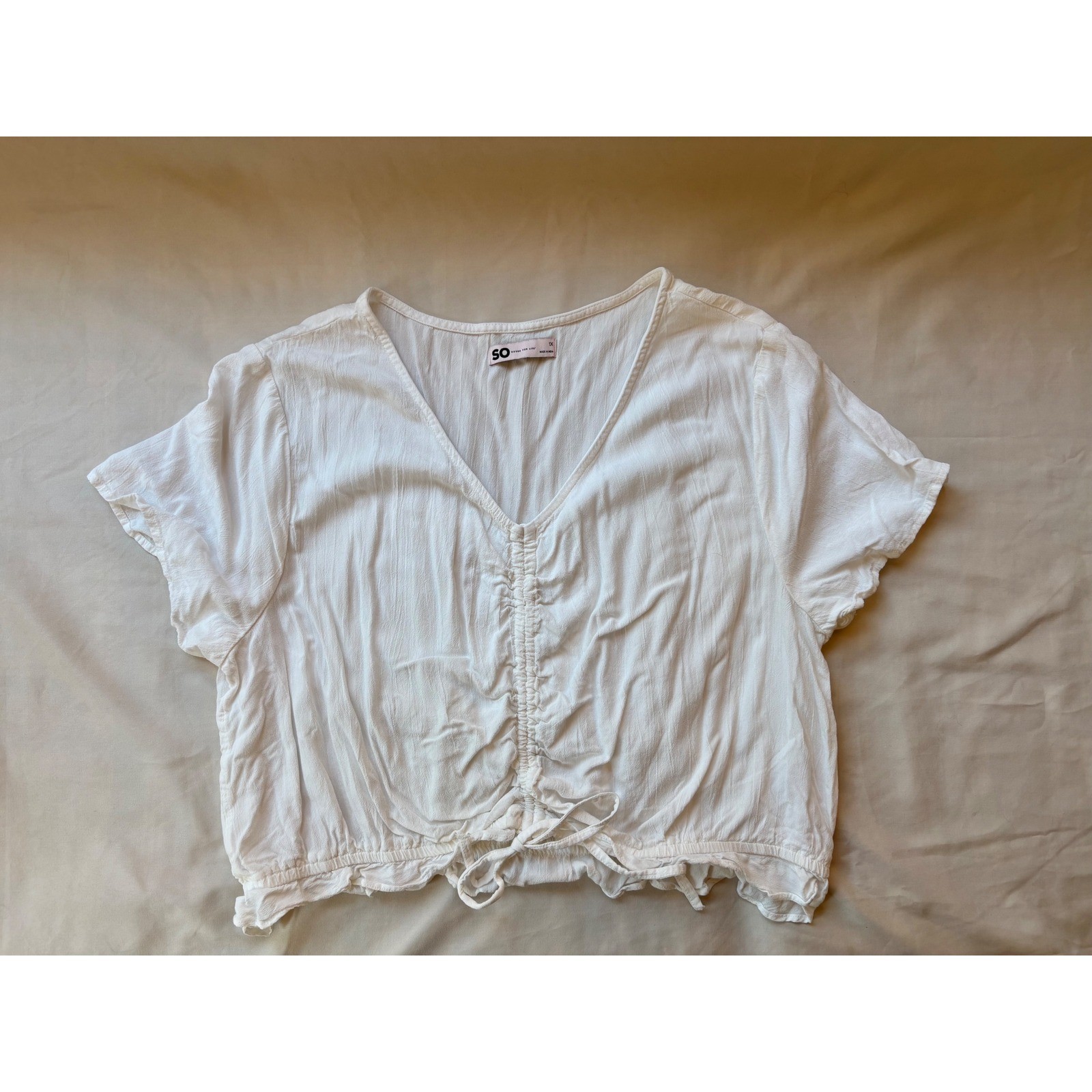 SO Goods White Boho Peasant Crop Top Plus Size 1X Short Sleeve Tie Front