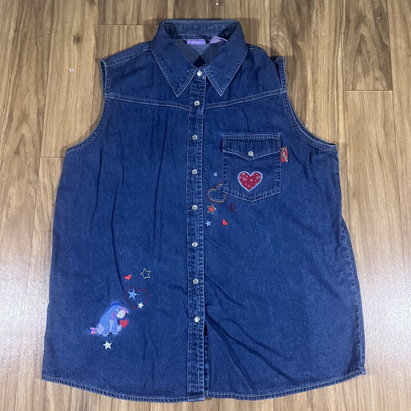Vintage Eeyore Shirt Womens 14W/16W Blue Denim Disney Embroidered Sleeveless