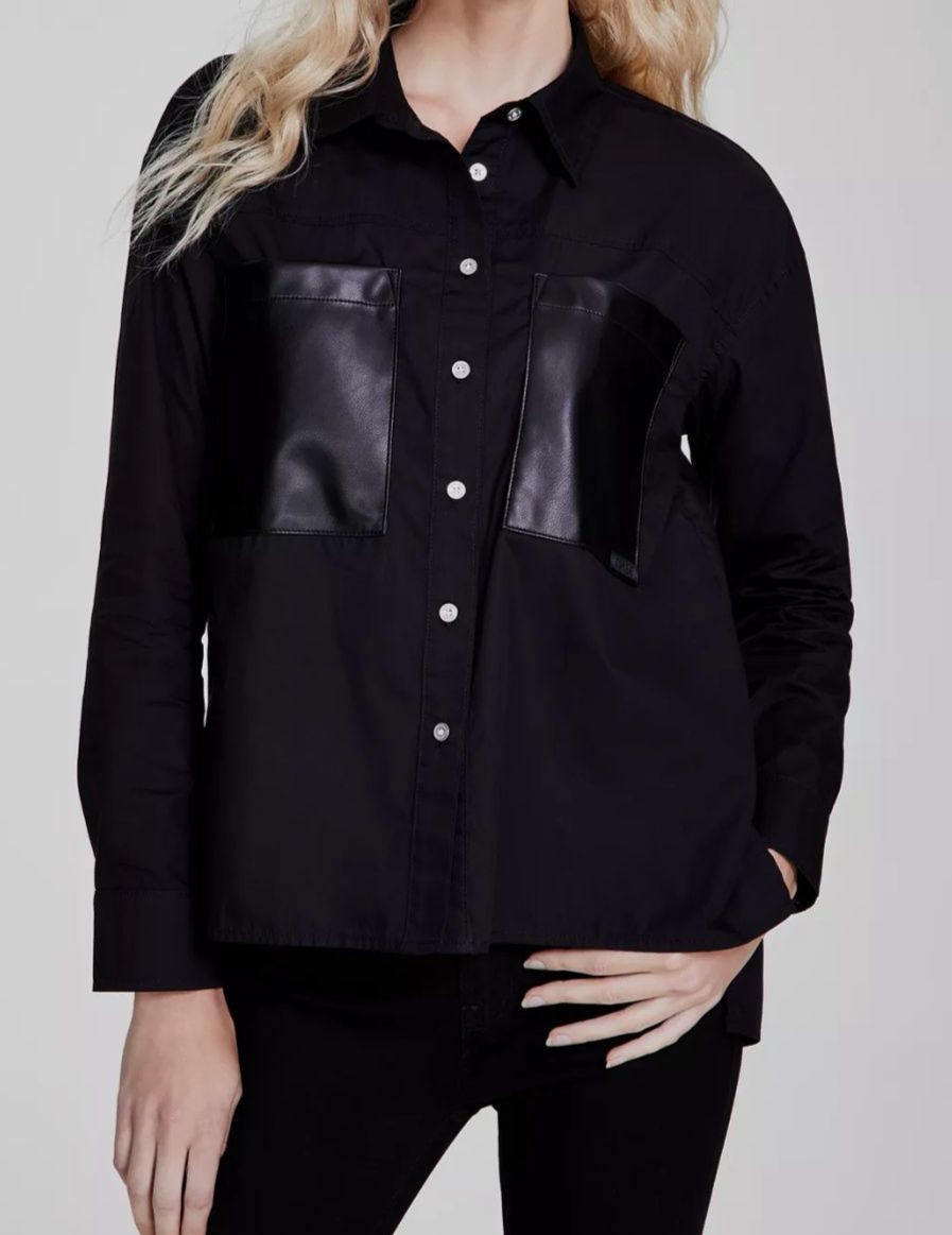 DKNY Women’s Black Faux-Leather-Pocket Collared Cotton High-Low Shirt Size XXS