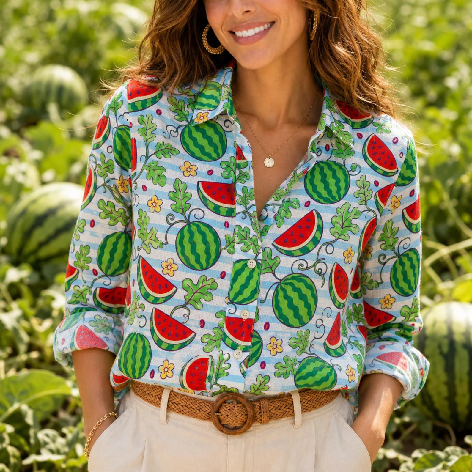 Watermelon Garden Button Blouse Shirt Summer Fruit Picnic Gift For Women