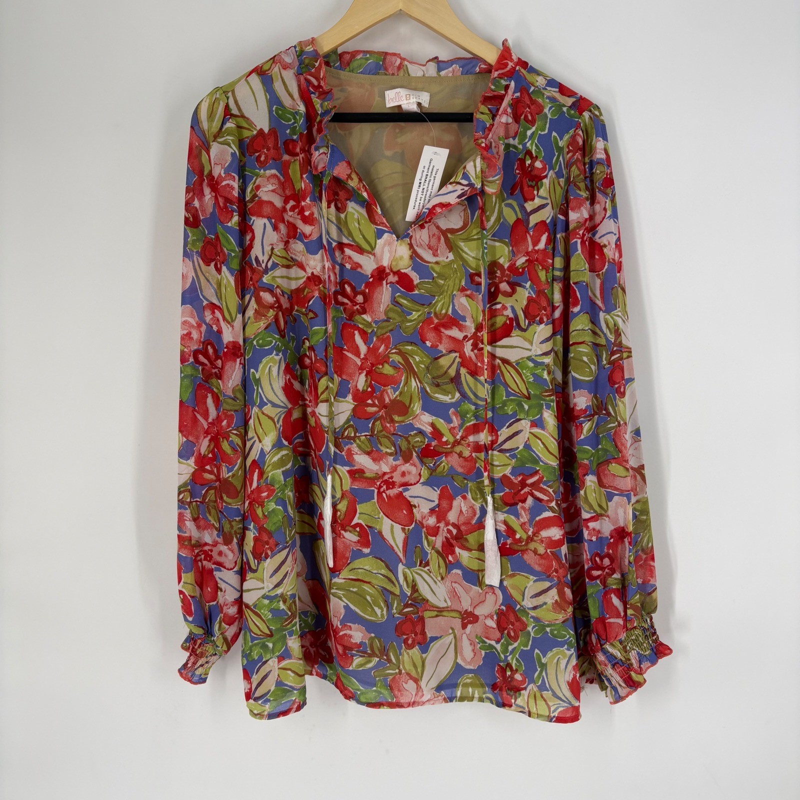 Belle by Kim Gravel Floral Chiffon Blouse Red Blue Green L Smocked Cuff Tassel