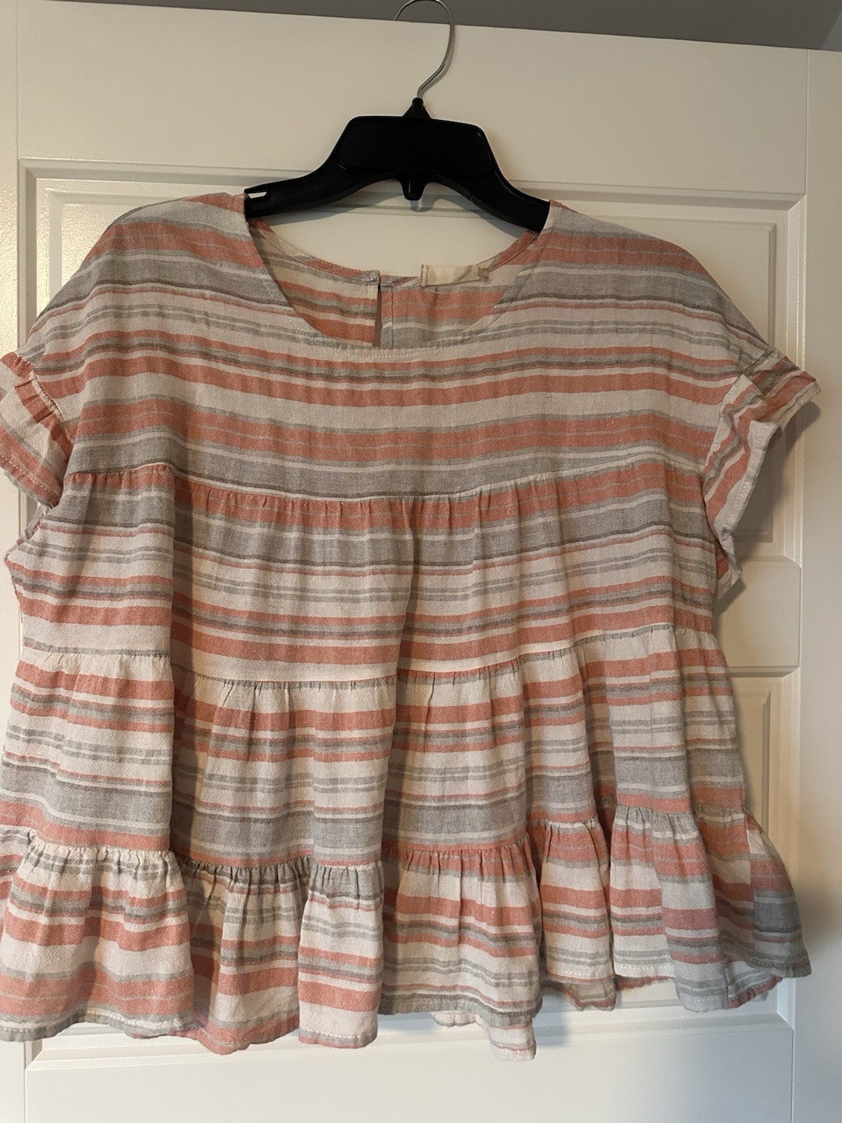 Altar’d State Cotton Women’s L Pink/White/Gray Striped Ruffle Peasant Blouse Top