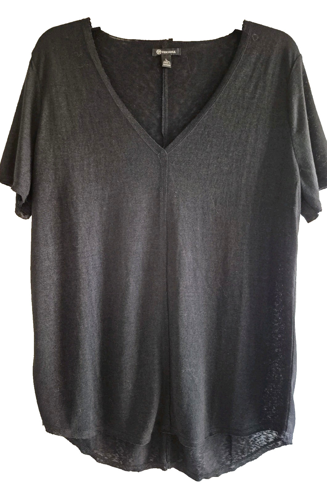 VERSONA Knit Top – L – V-Neck, Short Slvs, Raw Edge Curved Hem, Seaming Detail