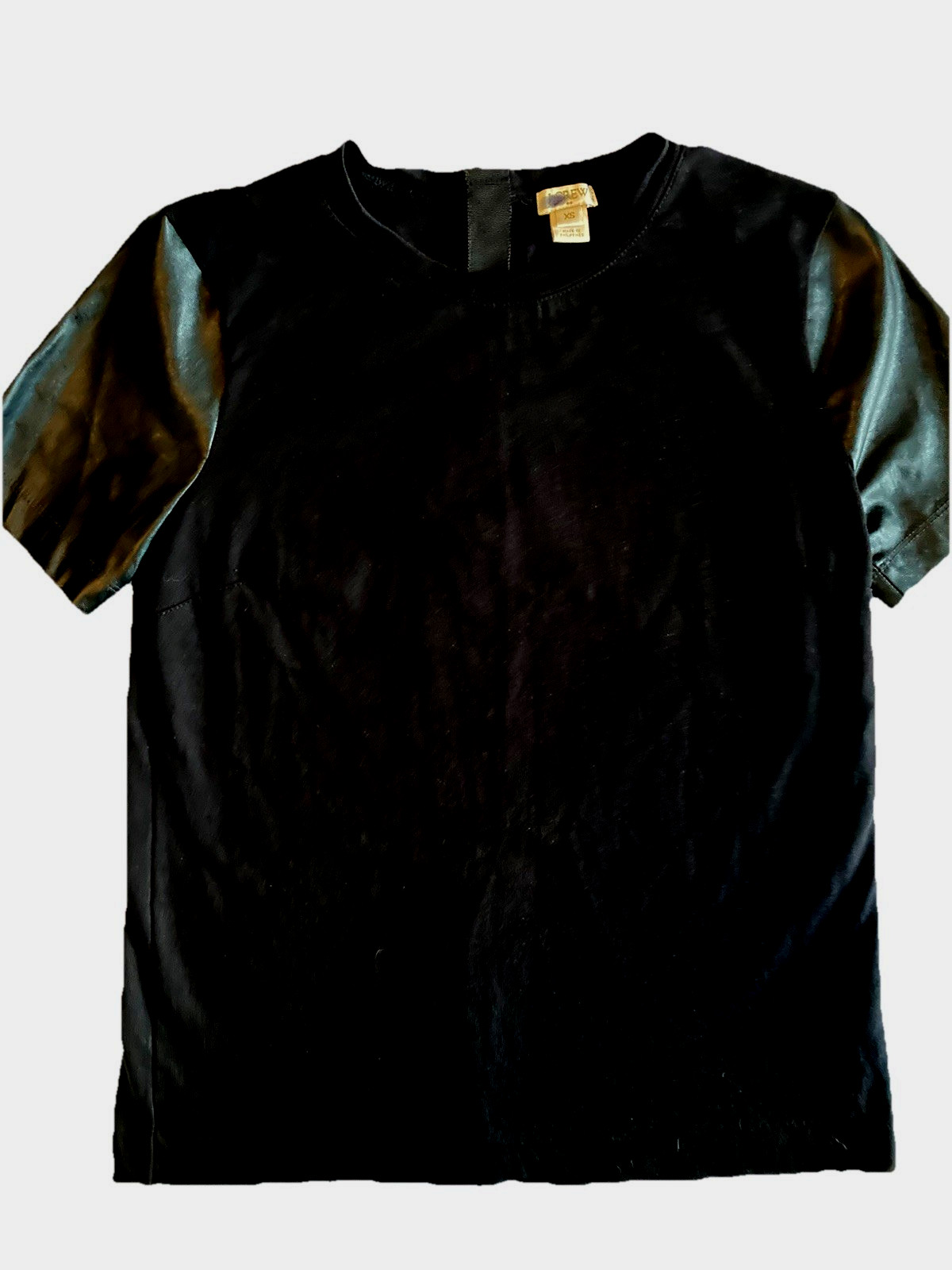 J Crew Top Women’s XS Black Faux Leather Short Sleeves Zip Back Good Condition