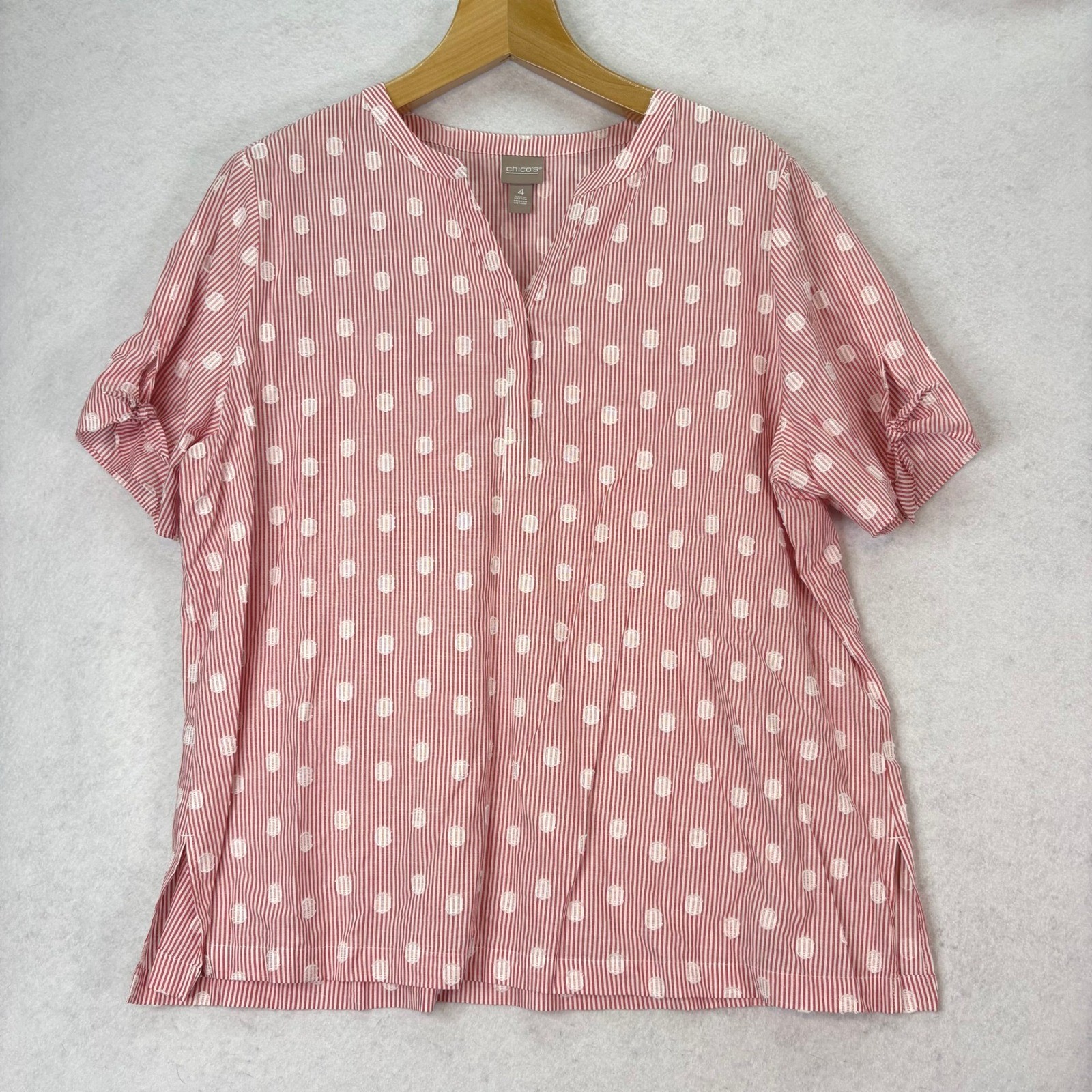 Chico’s Red White Striped Polka Dot Blouse Sz XXL Coastal Preppy Summer Casual