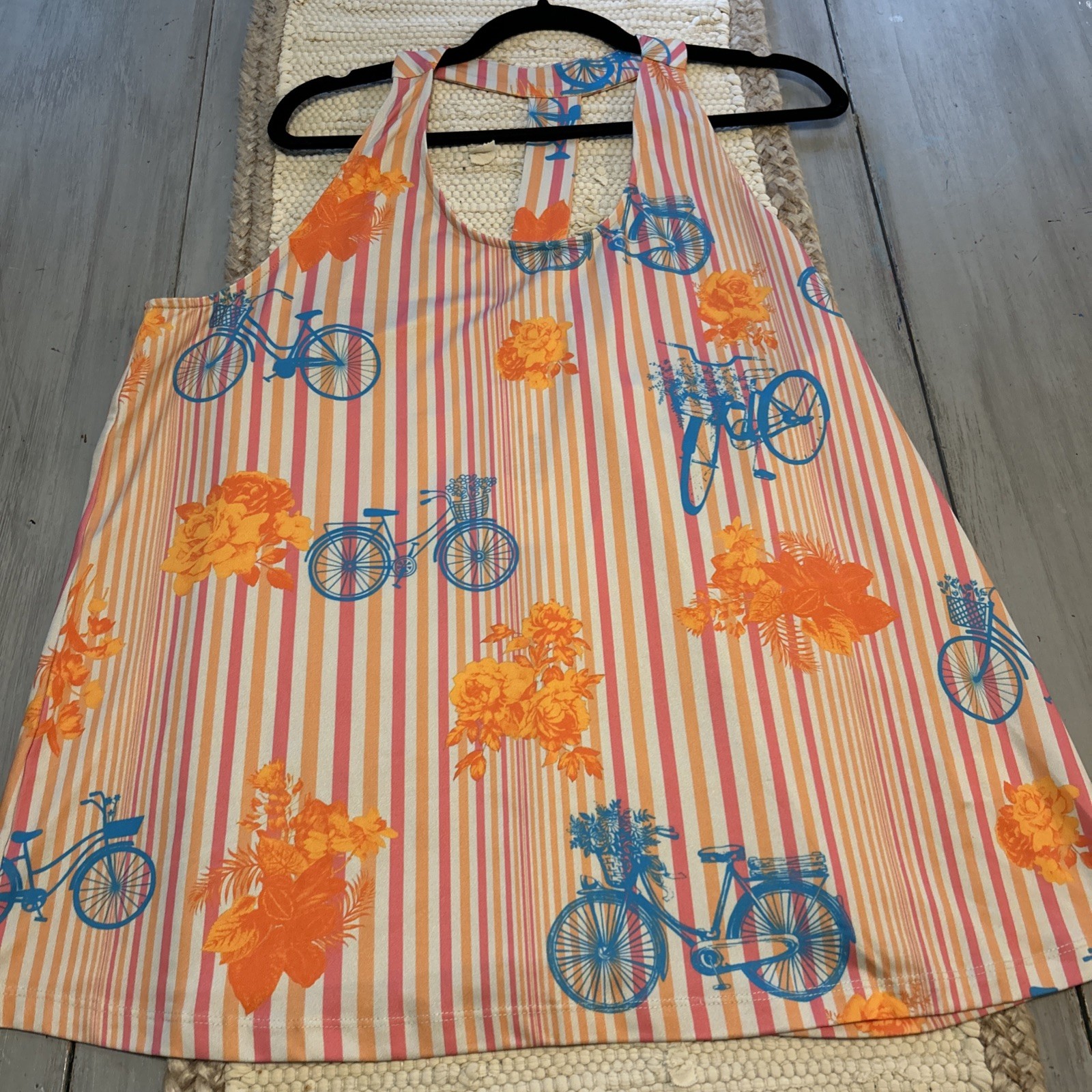NWT Benares Pink Orange Stripe Blue Bicycle T Strap Back Tank Top Womens XL