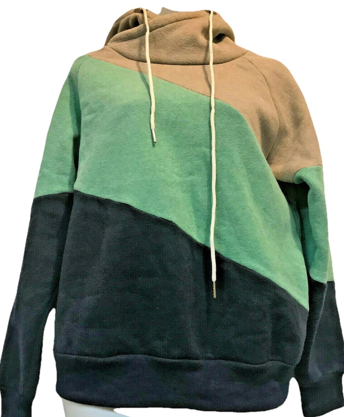 EUC No tag beige green blue block soft fleece sportwear TOP HOODIE L Free shipp