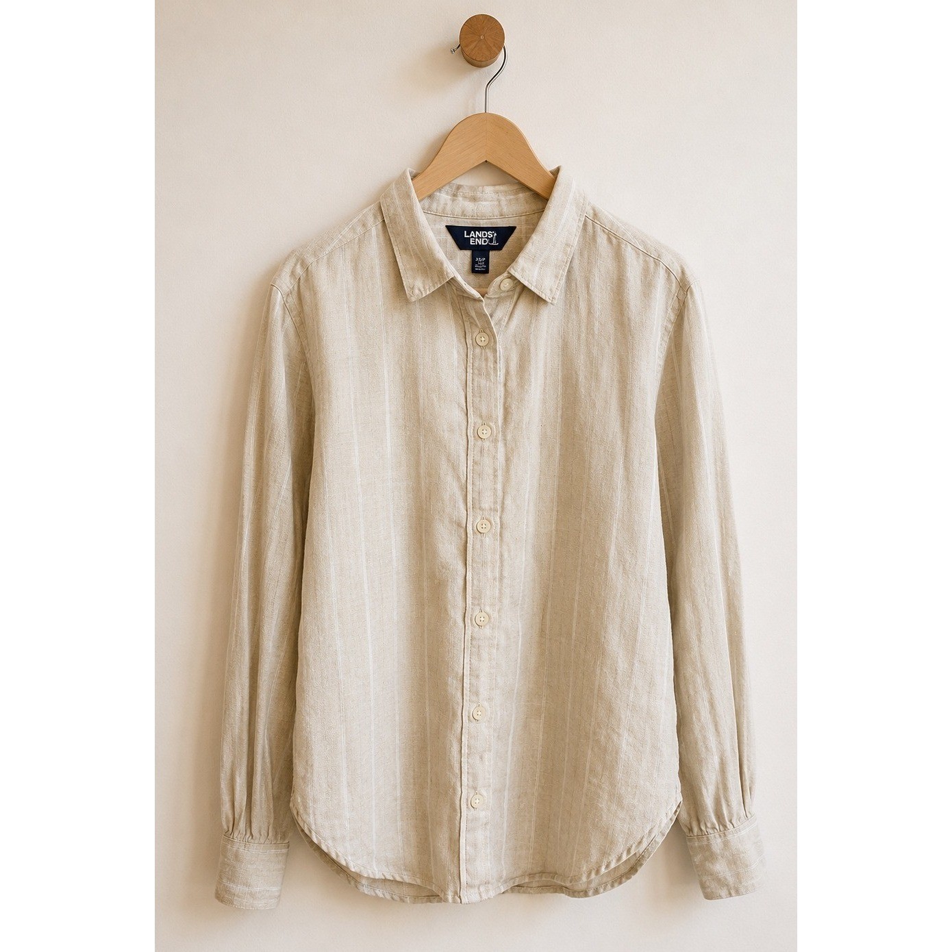 Lands’ End Linen Button Up Shirt Women XS Beige Striped Long Sleeve Preppy
