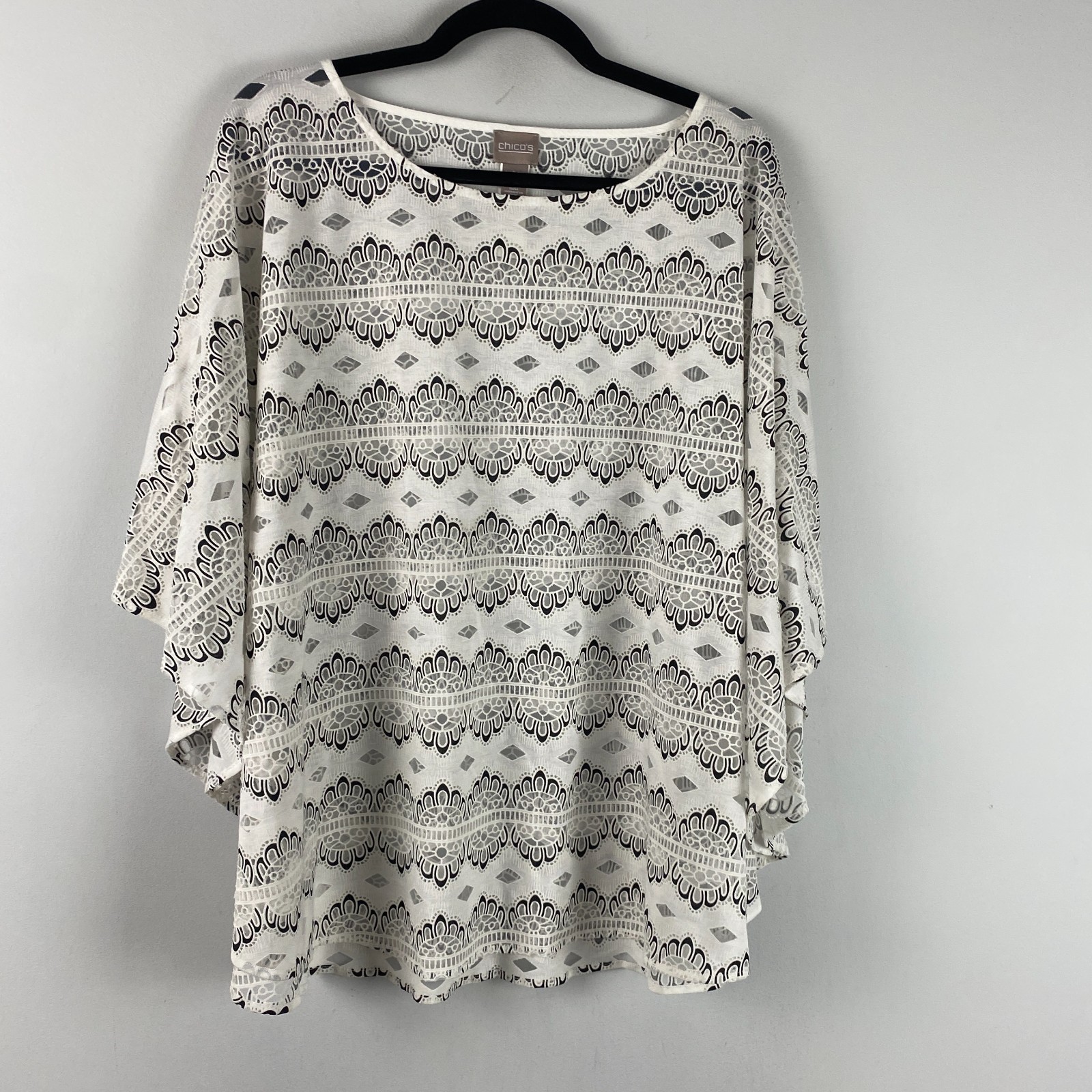 Chicos Lace Poncho Top L/XL Black White See Through Boat Neck