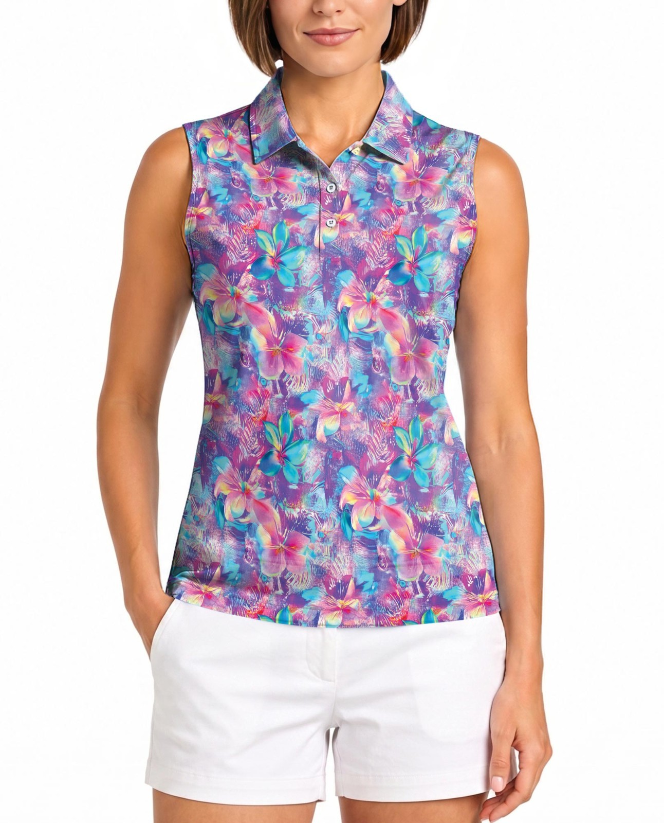 Tropical Tie-Dye Hibiscus Women’s Sleeveless Performance Polo Shirt for Golf