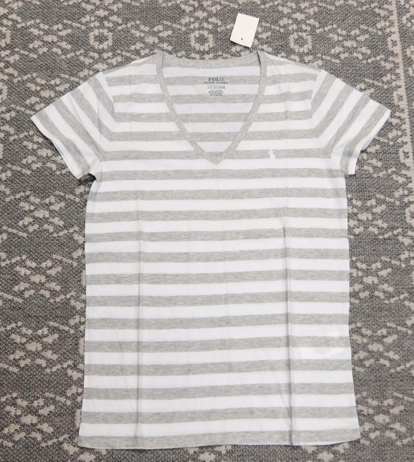 New Polo Ralph Lauren Women’s V-Neck Tee Shirt T-Shirt – SMALL – Gray / White