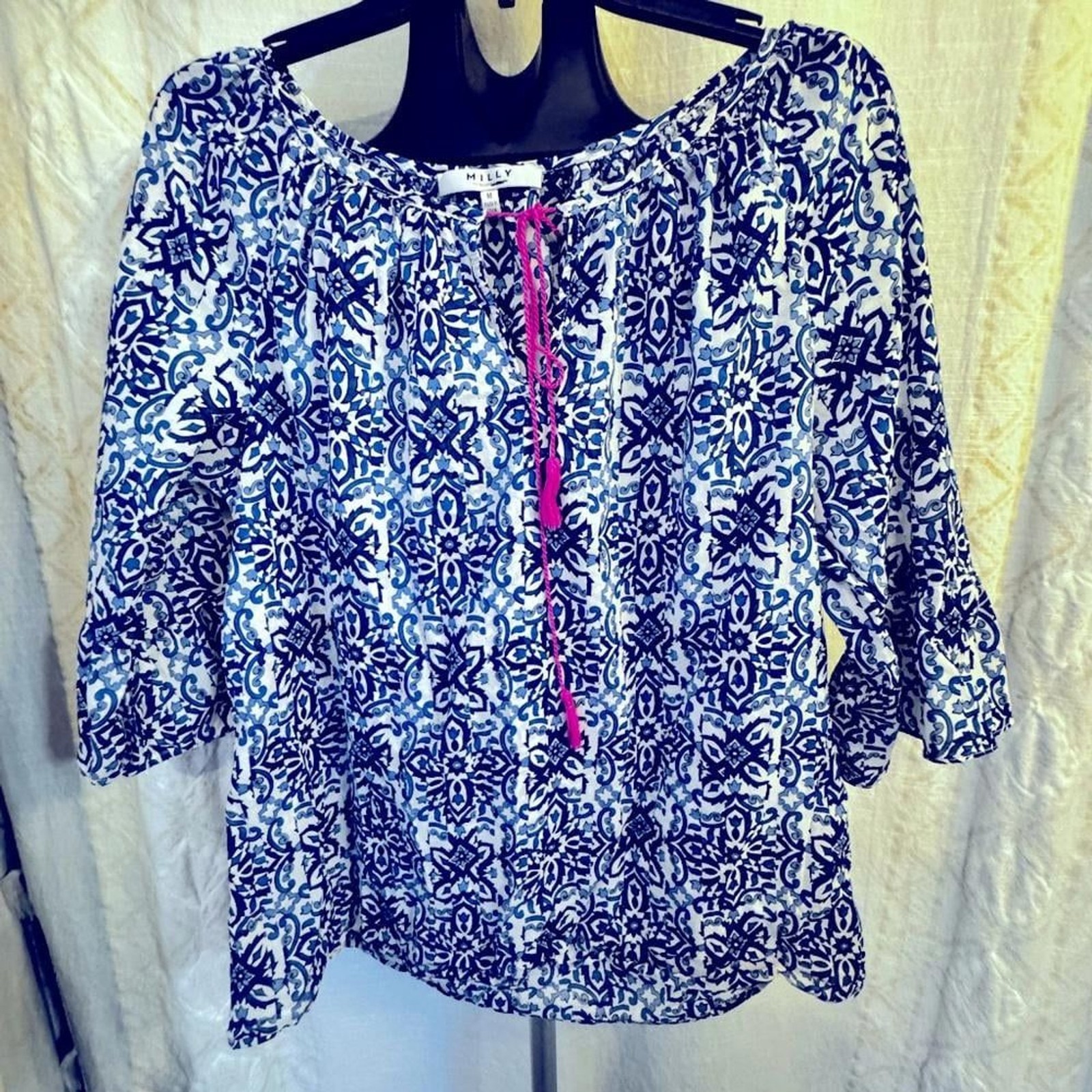 Milly Blue White PrintPink Tassels Blouse size medium