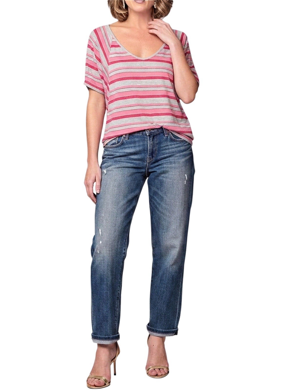 NWOT Women’s S Boutique Casual Tunic Top Pink & Gray Stripes Made In USA
