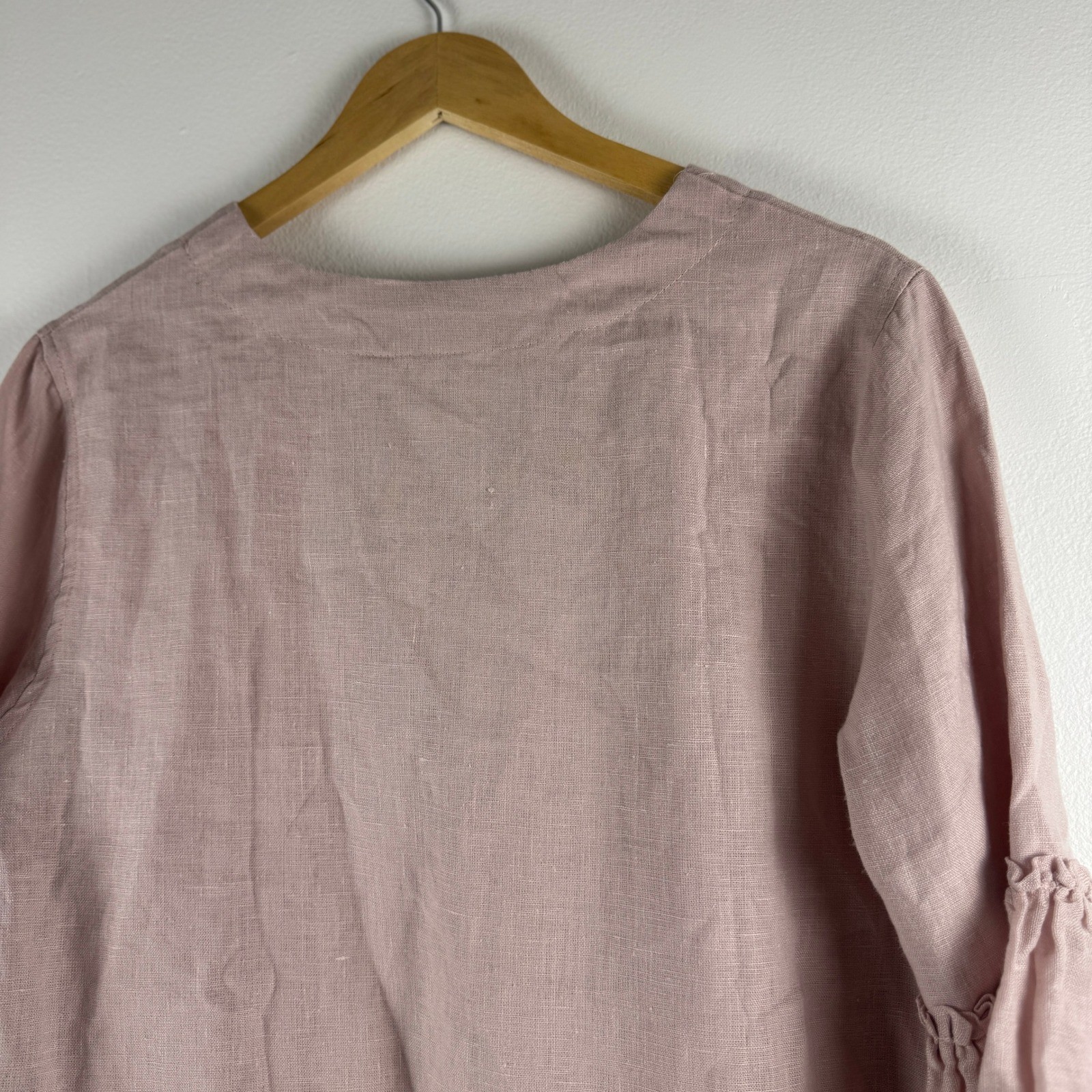 Crown Linen Designs Maya Top Dusty Pink 100% Linen Bell Sleeve V-Neck M