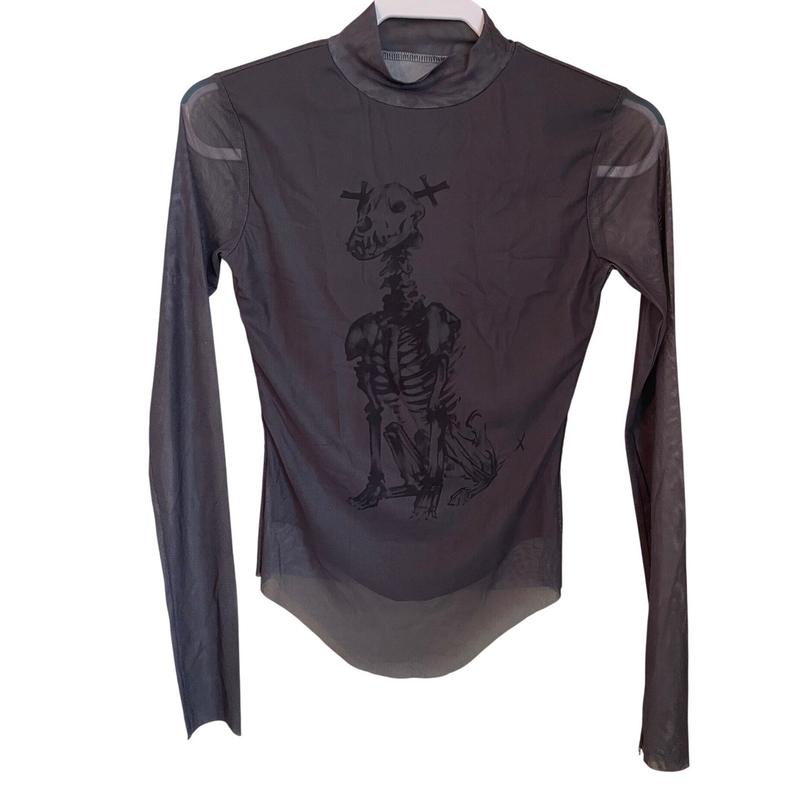 Gray Skeleton Dog Mock Neck Mesh Long Sleeve Top Size S Gothic Grunge Punk