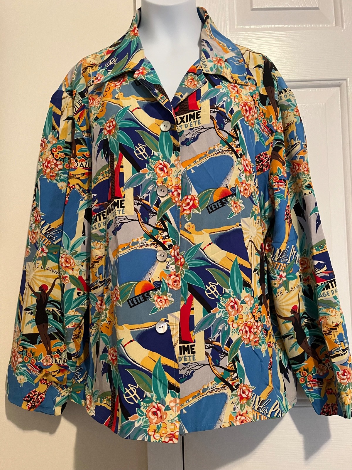 Vintage Maggy London Silk Retro Travel Poster Printed Blouse Size 12